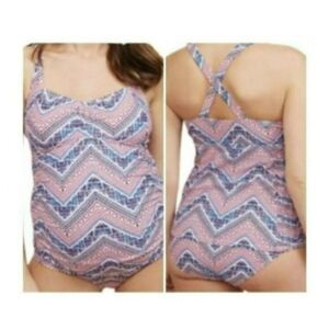 M Beach Bump‎ By Motherhood Maternity Pink & Blue Chevron Tankini Swimsuit